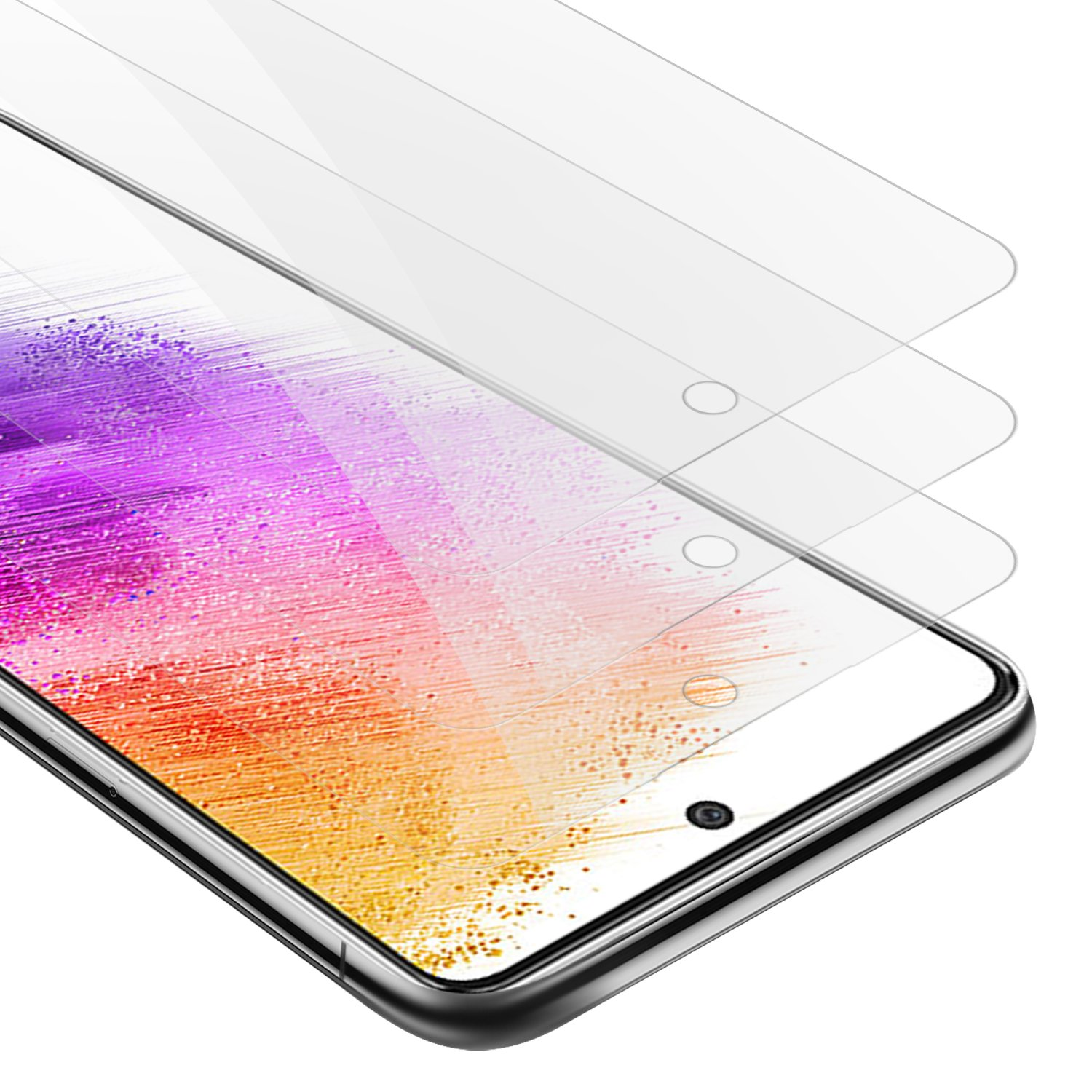 Protezioni schermo trasparenti su uno schermo del telefono. Testo: Protezione fotocamera e schermo. 