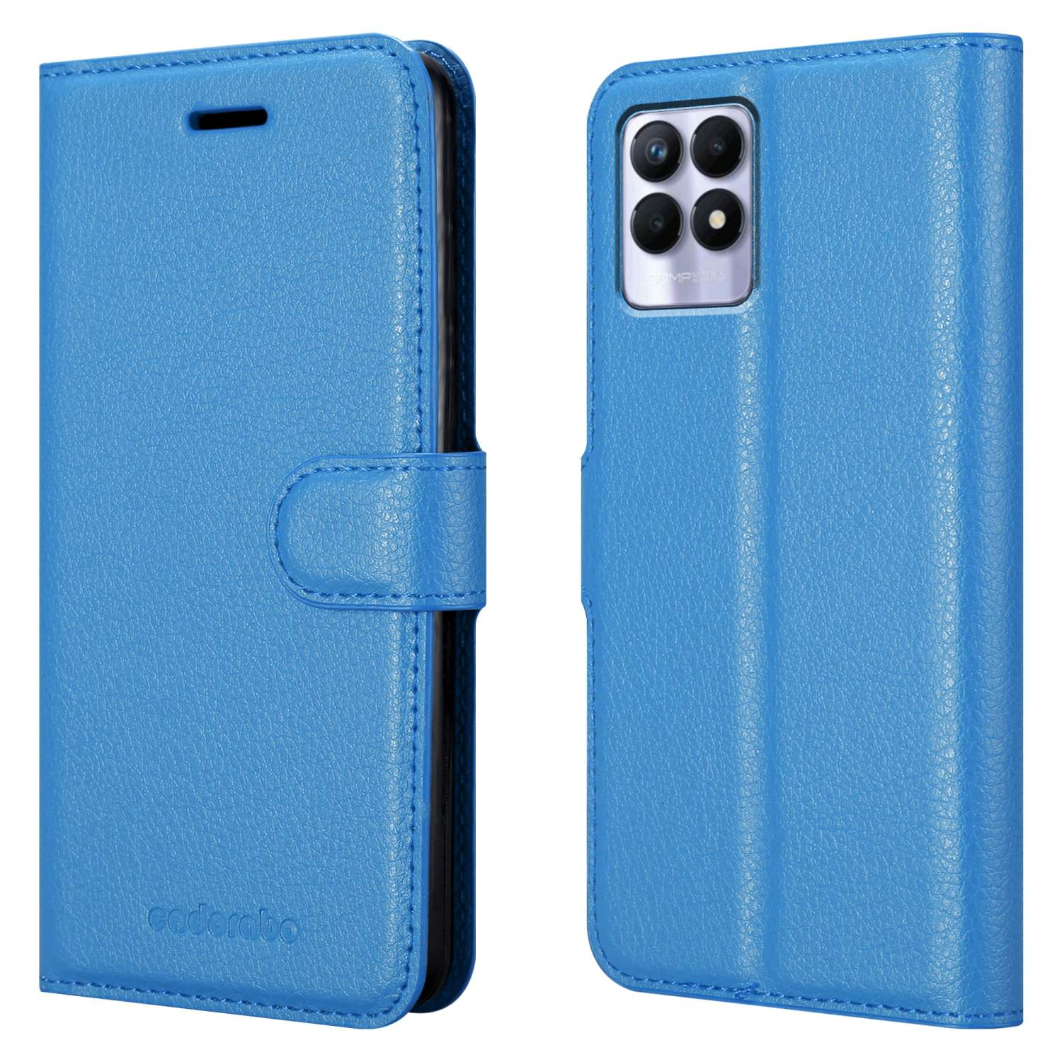 Custodia per telefono blu, aperta e chiusa. Il marchio 'cadorabo' è visibile.