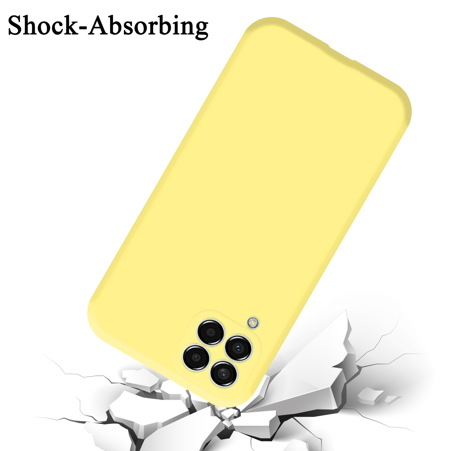 Gelbe Handyhülle. Die Hülle fällt, Risse im Boden. Text: 'Shock-Absorbing'.