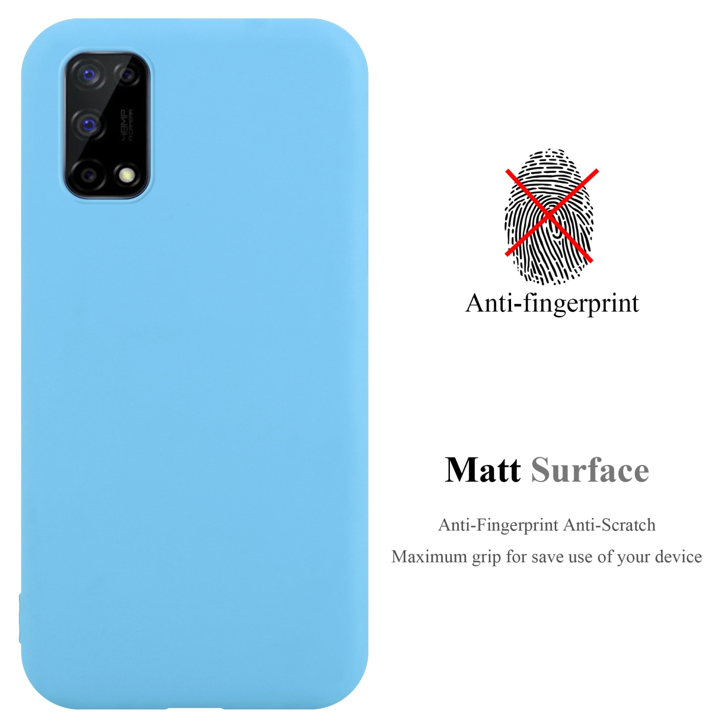 Blaue Handyhülle auf weißem Hintergrund. Text: Anti-Fingerabdruck. Matte Oberfläche. Anti-Kratzer.