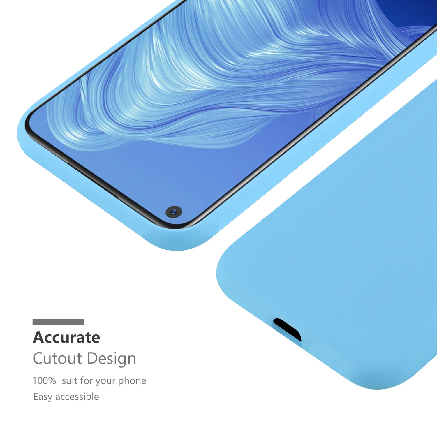 Hellblaue Handyhülle, mit einem Telefon davor. Text lautet Präzises Ausschnittdesign.
