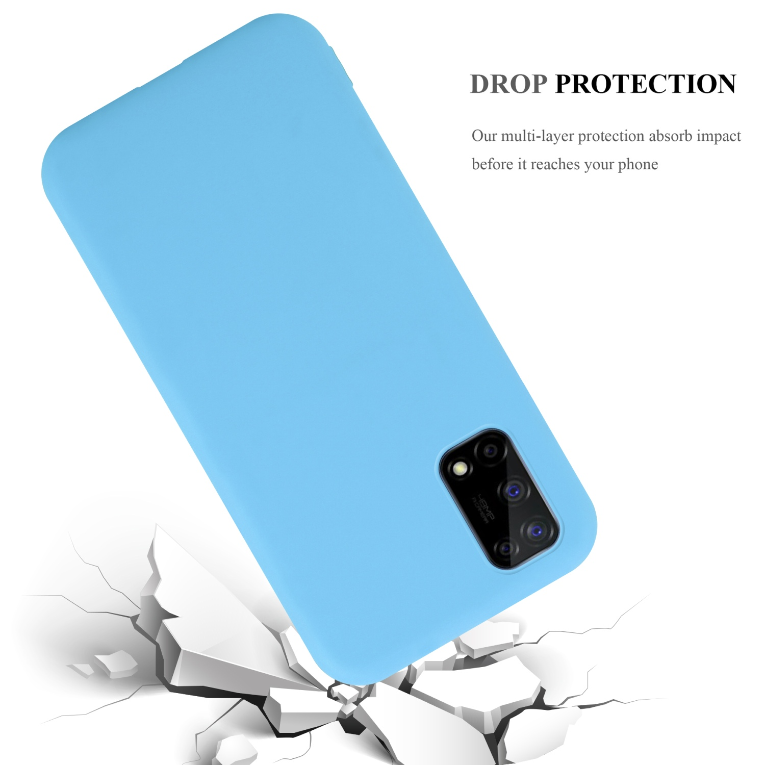 Blaue Handyhülle mit Telefon darin. Text weist auf Sturzschutz hin. Telefon scheint Boden zu durchbrechen.