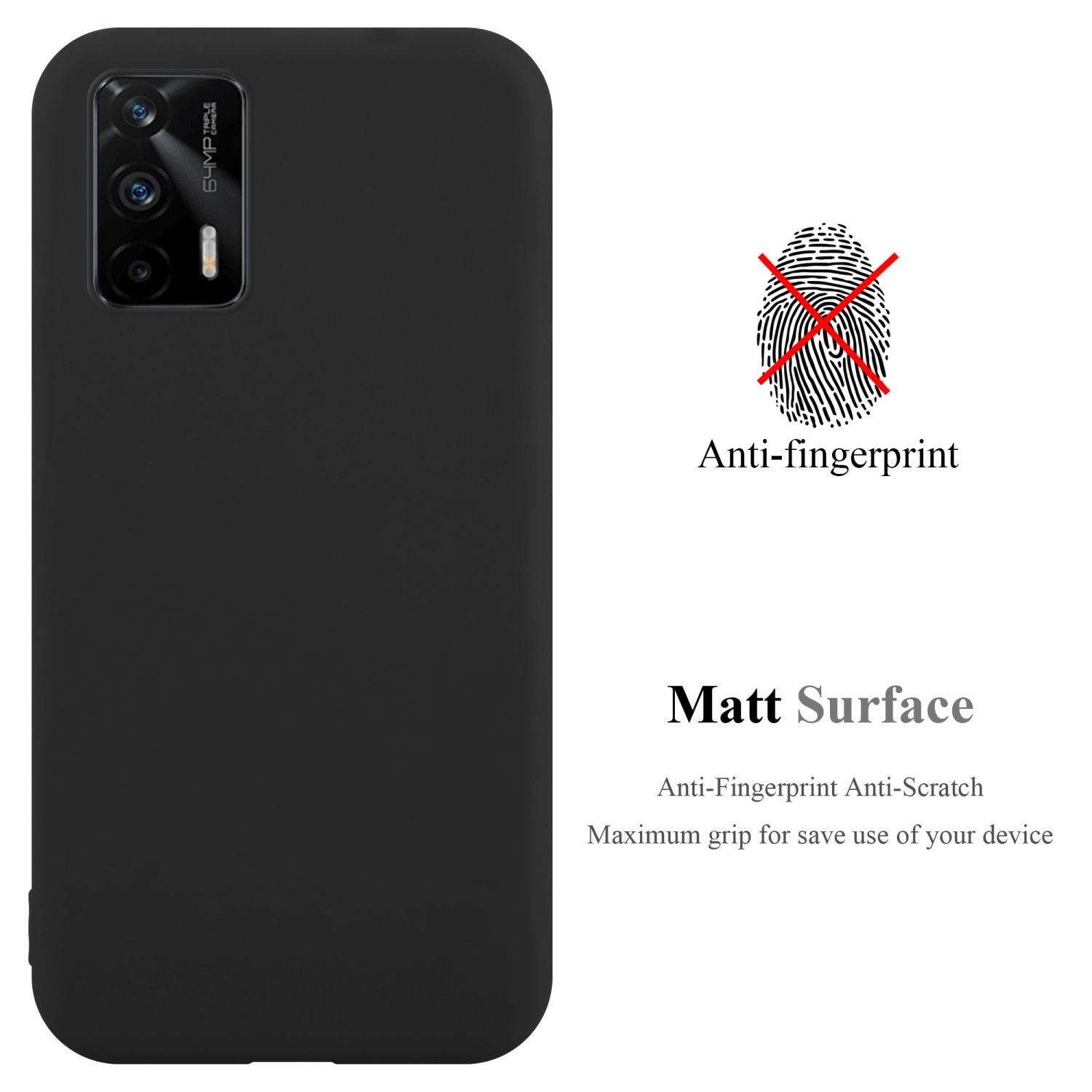Schwarze Handyhülle mit Kamera, Anti-Fingerabdruck-Funktion, auf weißem Hintergrund mit Text.