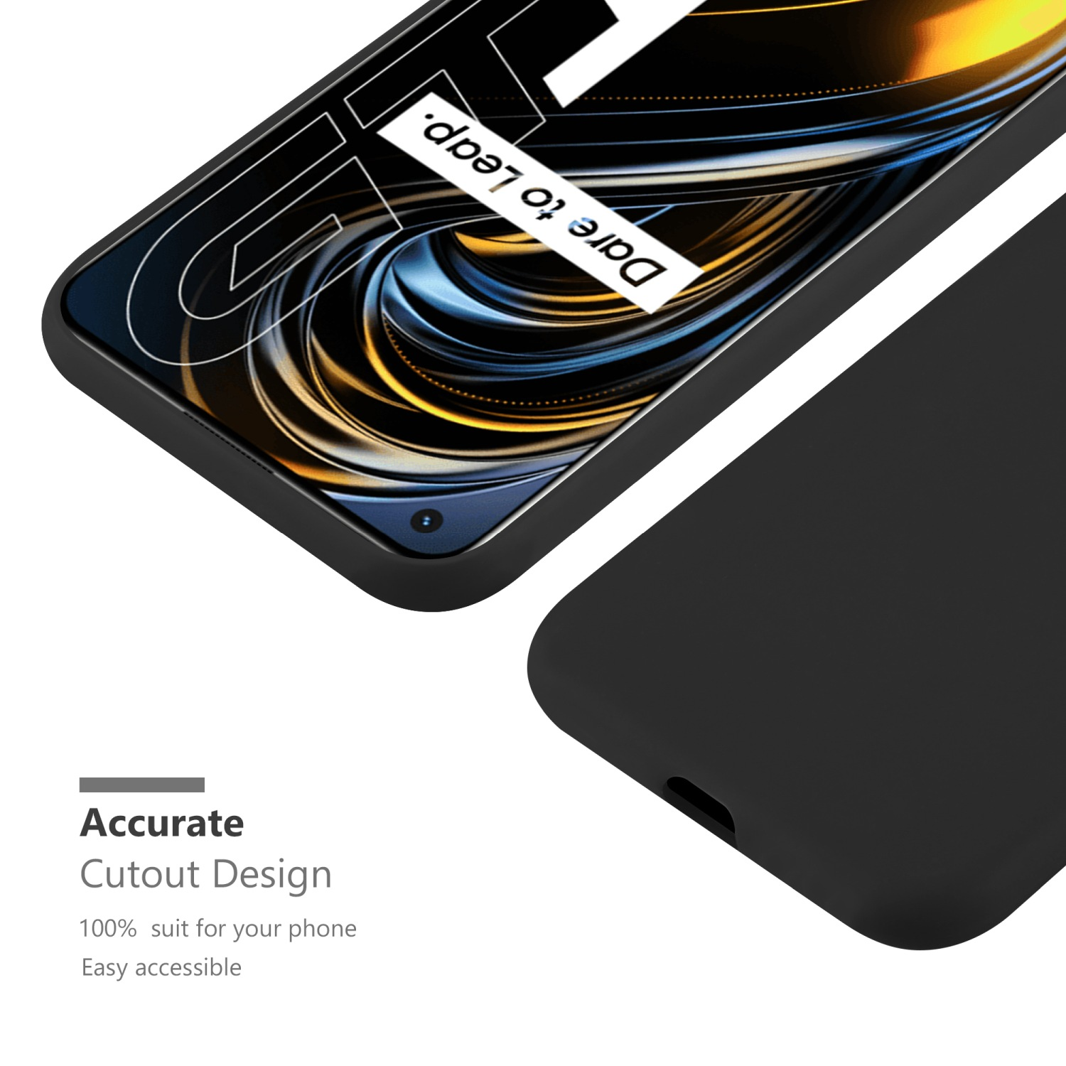 Schwarze Handyhülle. Text: Präzises Ausschnittdesign. Oberer Teil des Telefons.