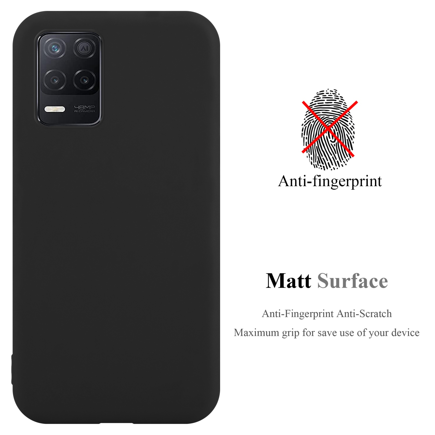 Custodia per telefono nera. Icona impronta digitale con una X rossa. La custodia è opaca e anti-impronta.