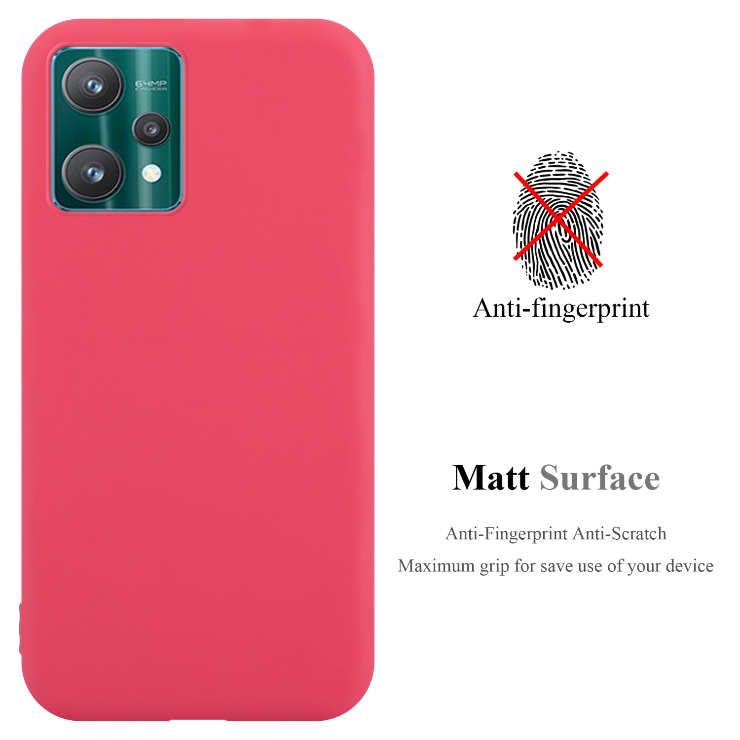 Rote Handyhülle. Text: 'Matt Surface' und 'Anti-Fingerprint'. Ein Fingerabdrucksymbol ist durchgestrichen.