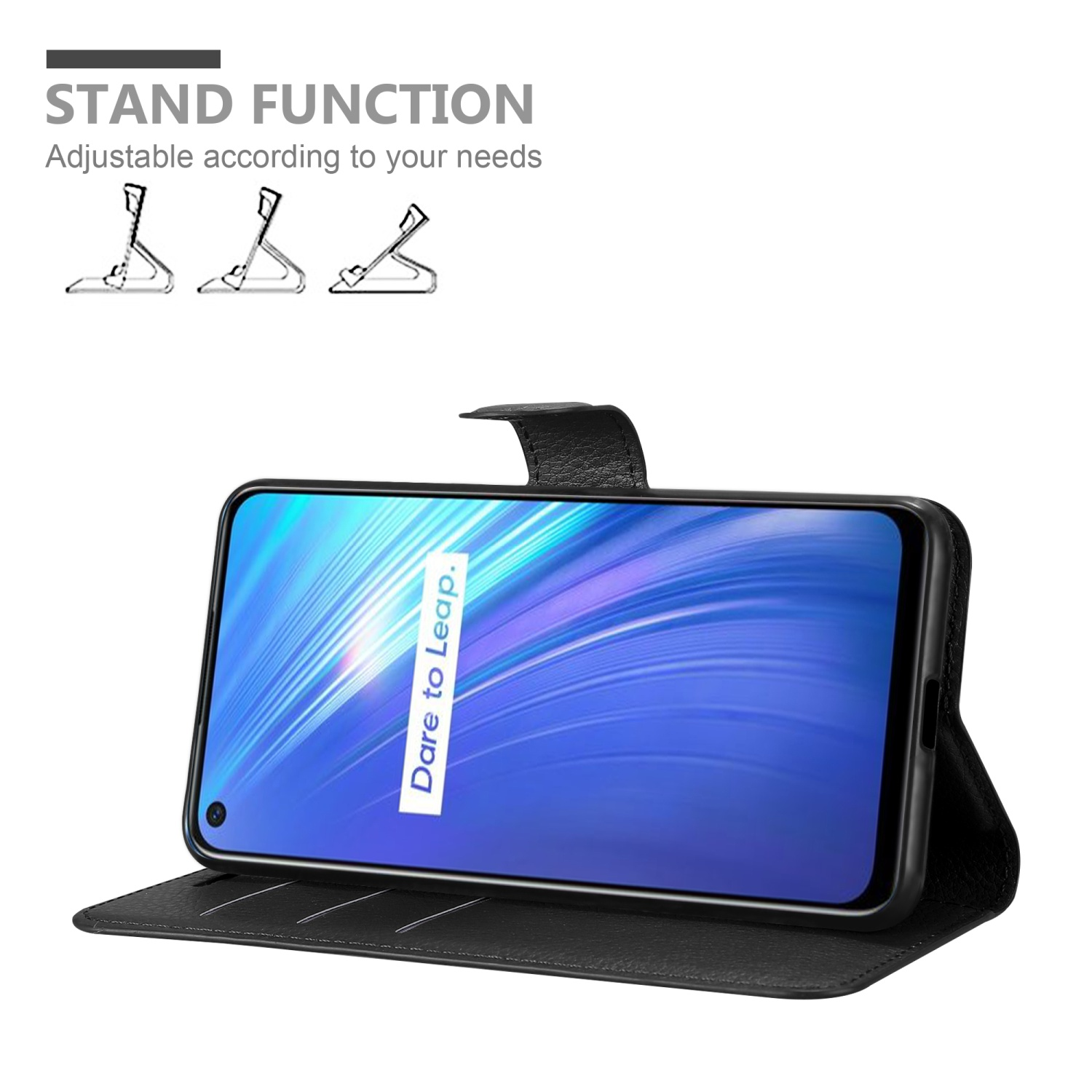 Schwarze Handyhülle mit einem Telefon. Das Telefon ist aufgestellt. Text sagt 'STAND FUNCTION'.