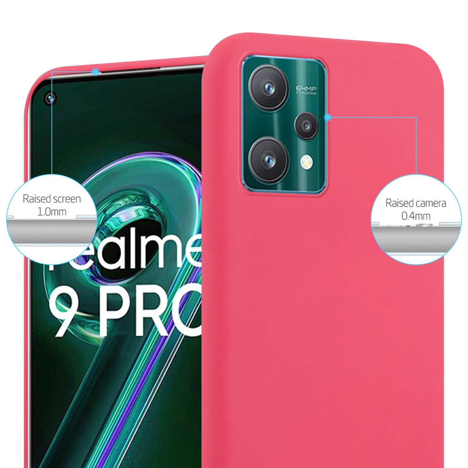 Rote Handyhülle mit erhöhter Kamera und Bildschirm, beschriftet mit Messungen. Telefon ist ein Realme 9 Pro.