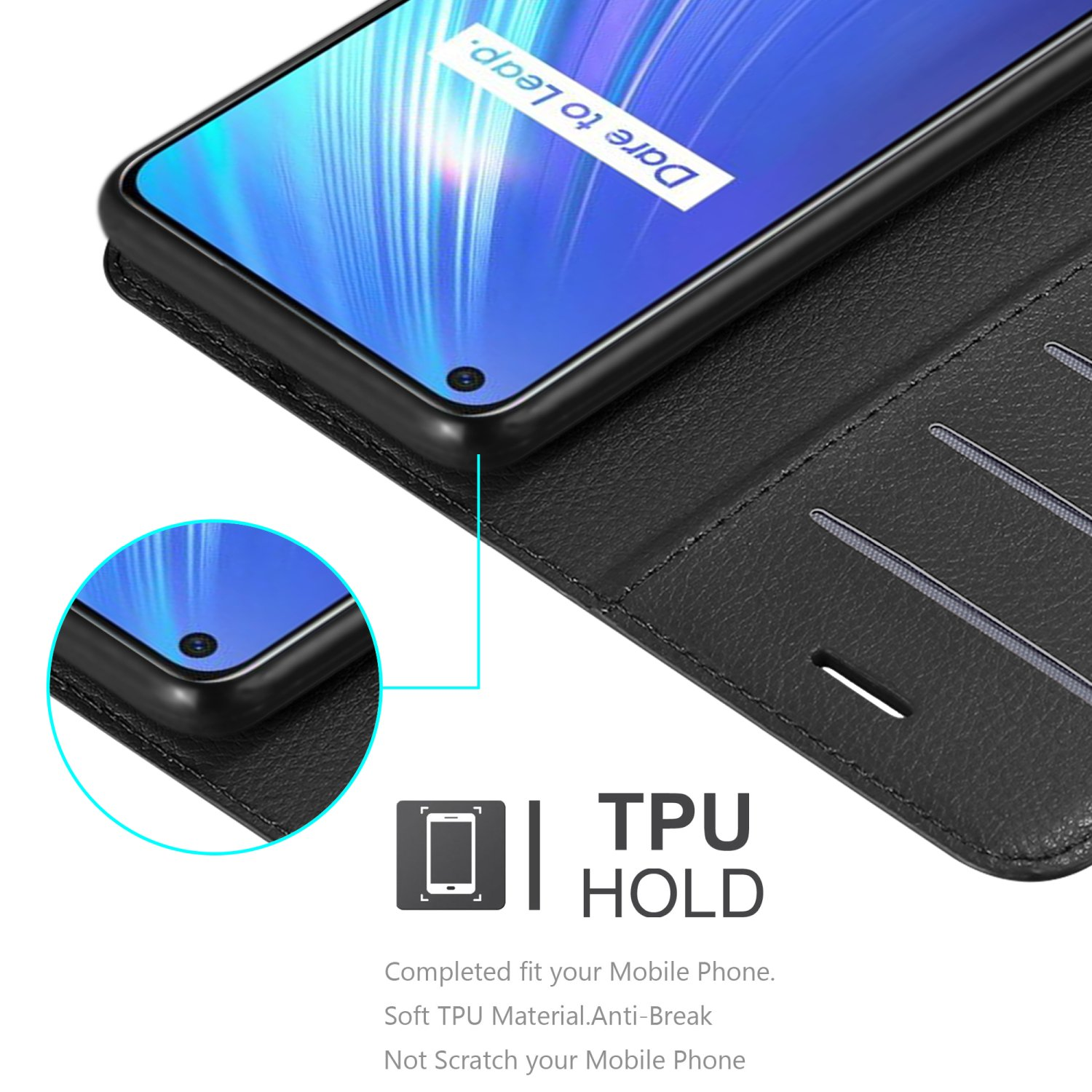 Schwarze Handyhülle offen. Das Telefon ist eingesetzt. Die Hülle hat ein Aussparungsdesign und einen TPU-Halter.