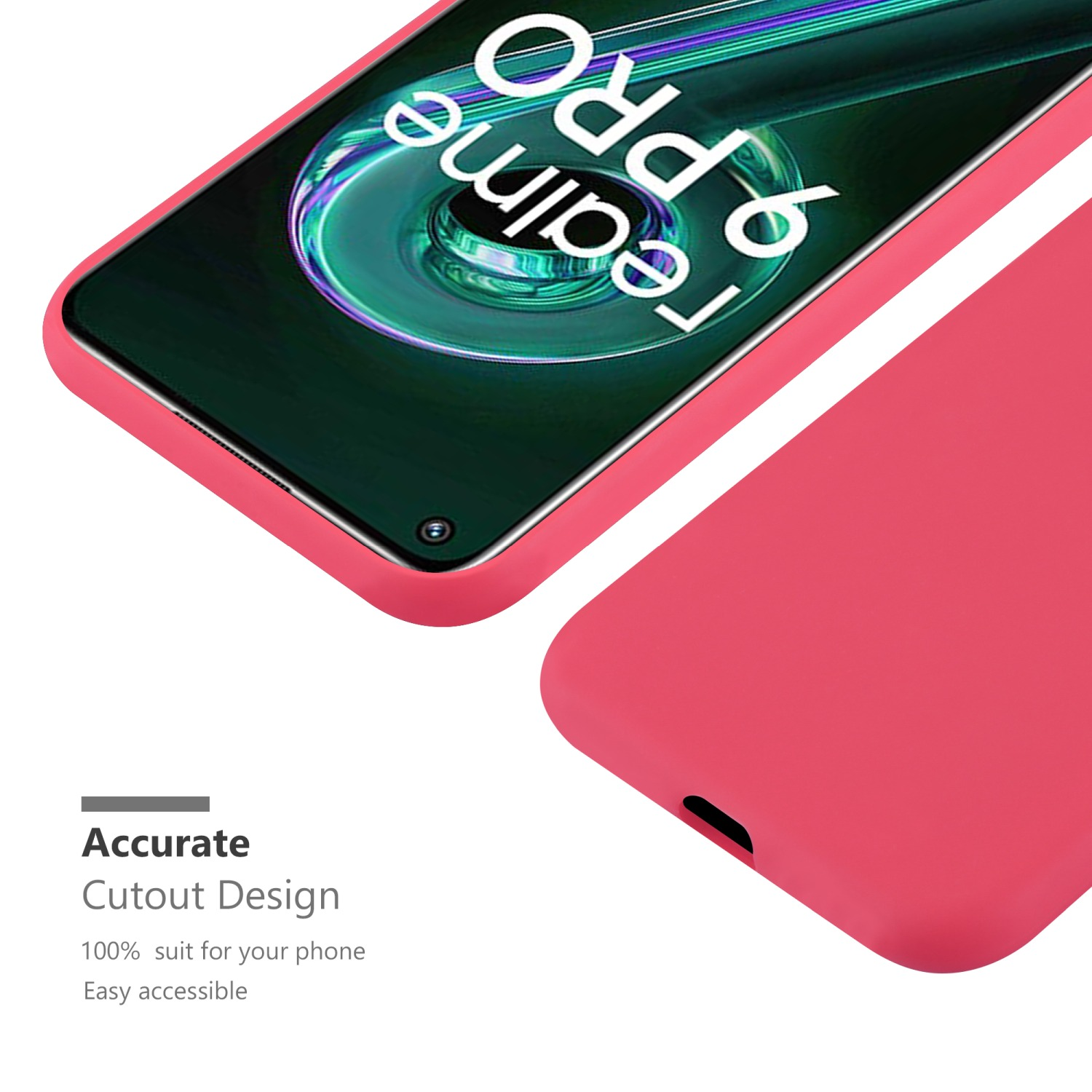 Nahaufnahme einer roten Handyhülle auf einem Telefonbildschirm. Text: 'Realme 9 Pro' und 'Accurate Cutout Design'.
