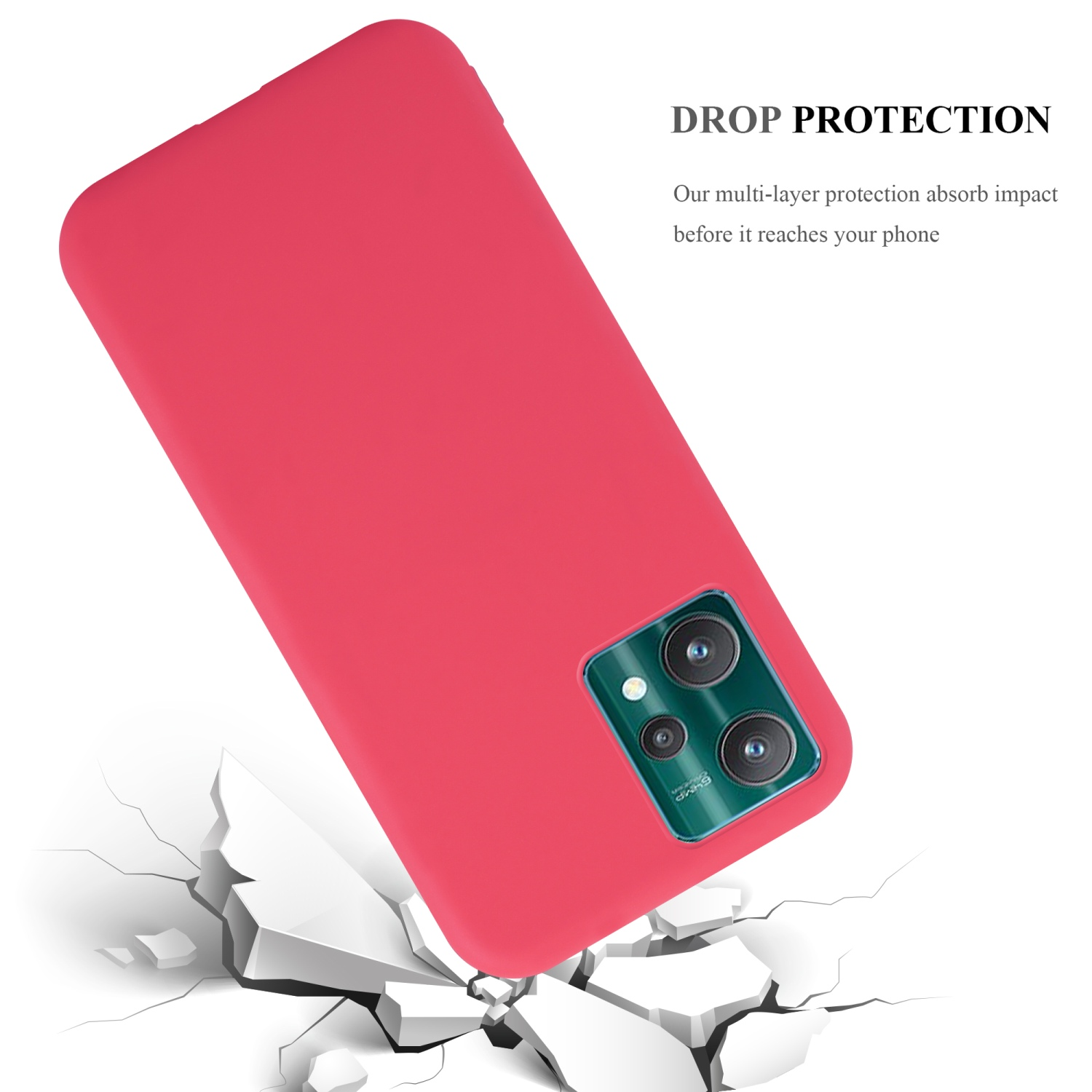 Rote Handyhülle. Die Handyhülle ist zerbrochen. Text sagt 'DROP PROTECTION'.
