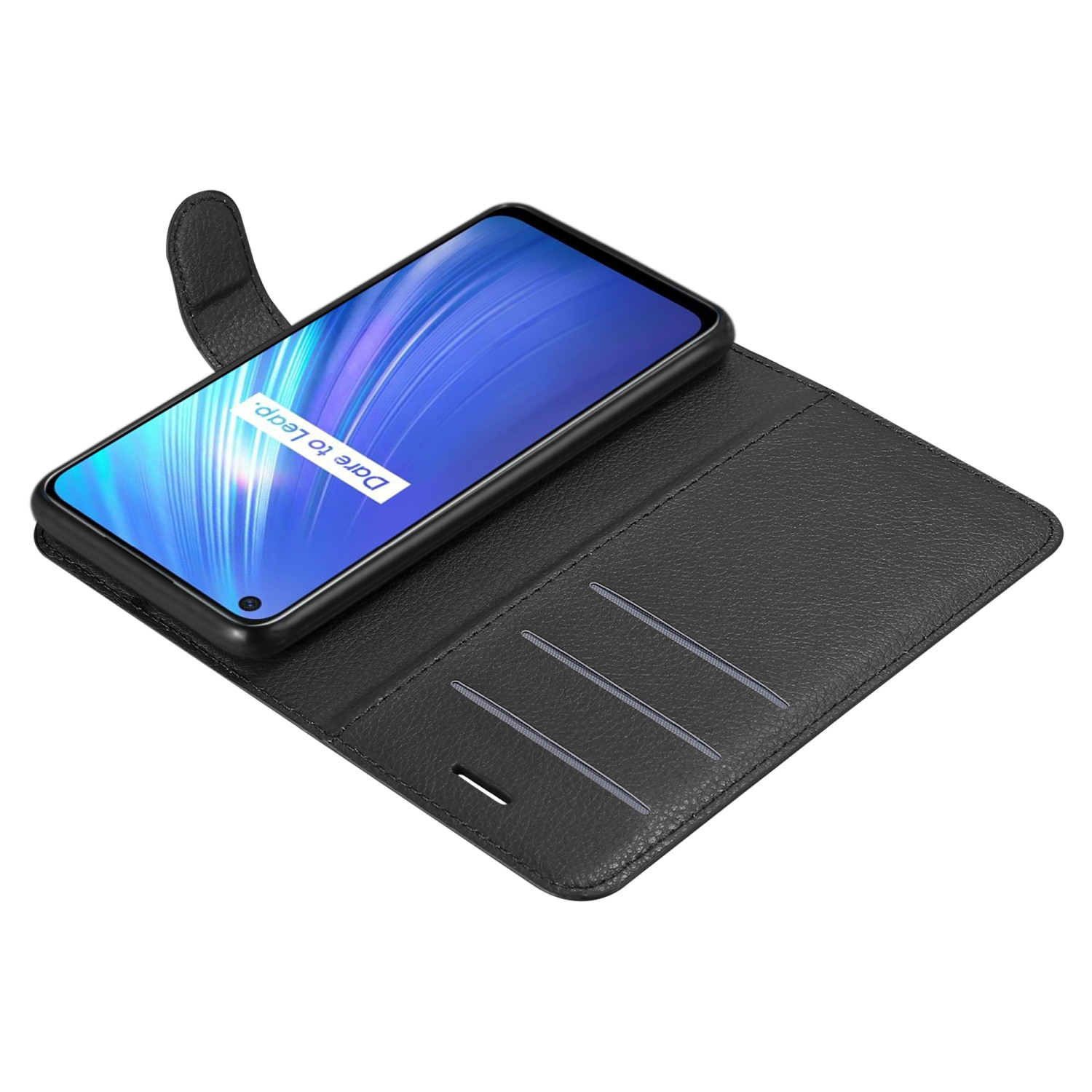 Schwarze Handyhülle mit Telefon, zeigt einen Ausschnitt für die Kamera.