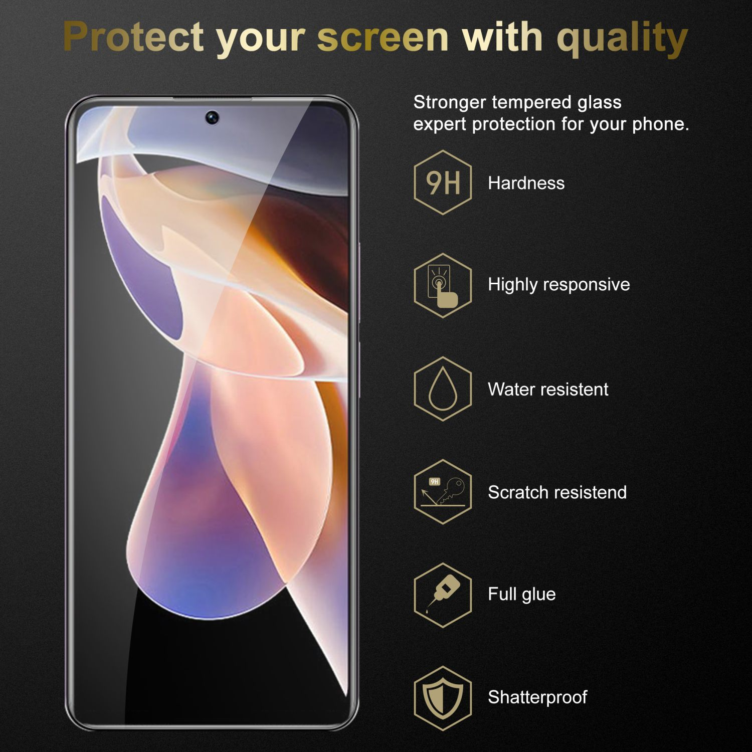 Un protector de pantalla con texto 'Protect your screen with quality' e iconos.