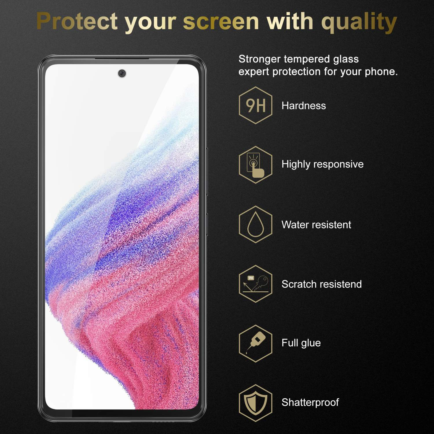 Schermo del telefono con testo: Proteggi il tuo schermo con qualità. Caratteristiche di durezza, resistenza all'acqua e ai graffi.
