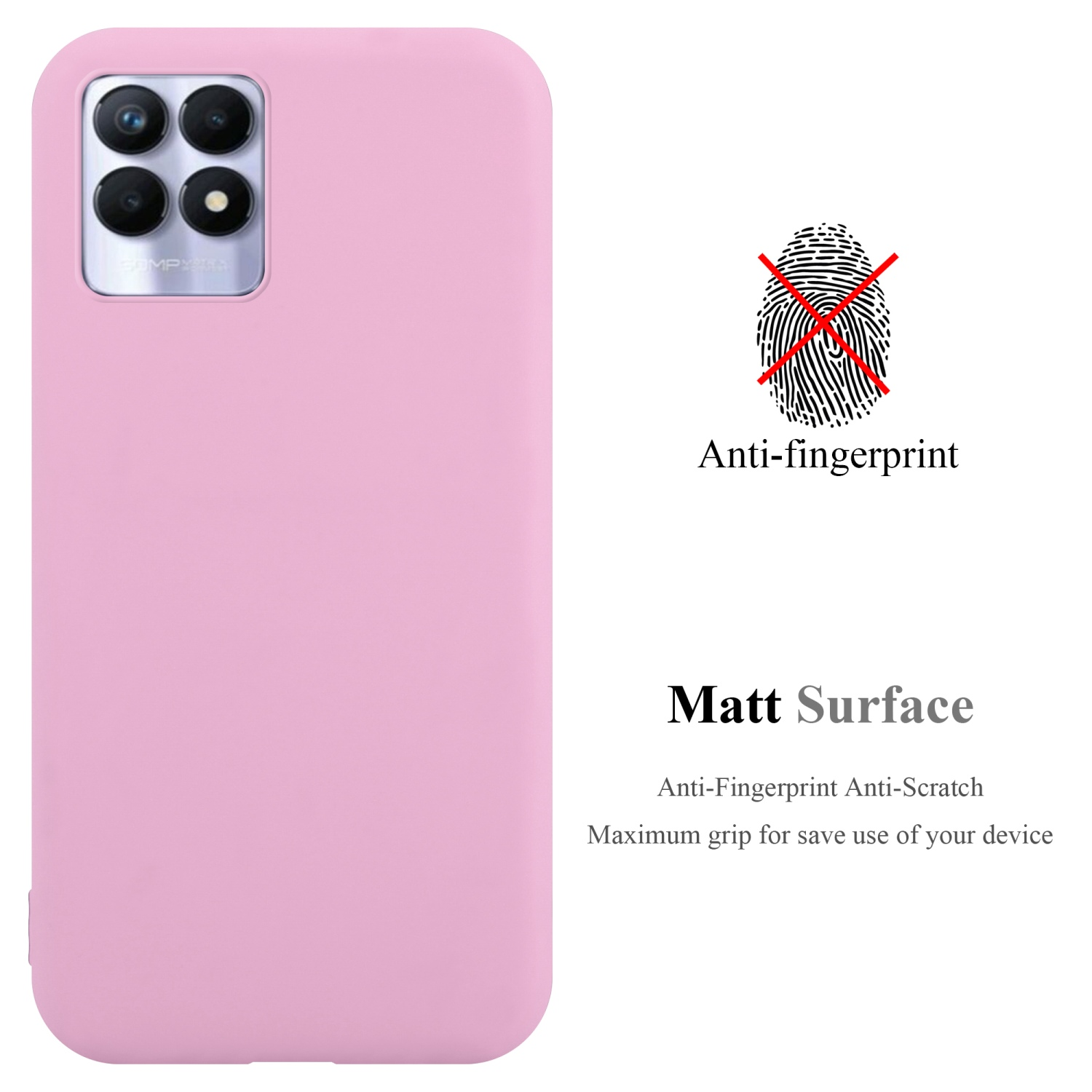 Custodia rosa. Testo: Anti-impronte, Superficie opaca, Antigraffio. Un'impronta è sbarrata.