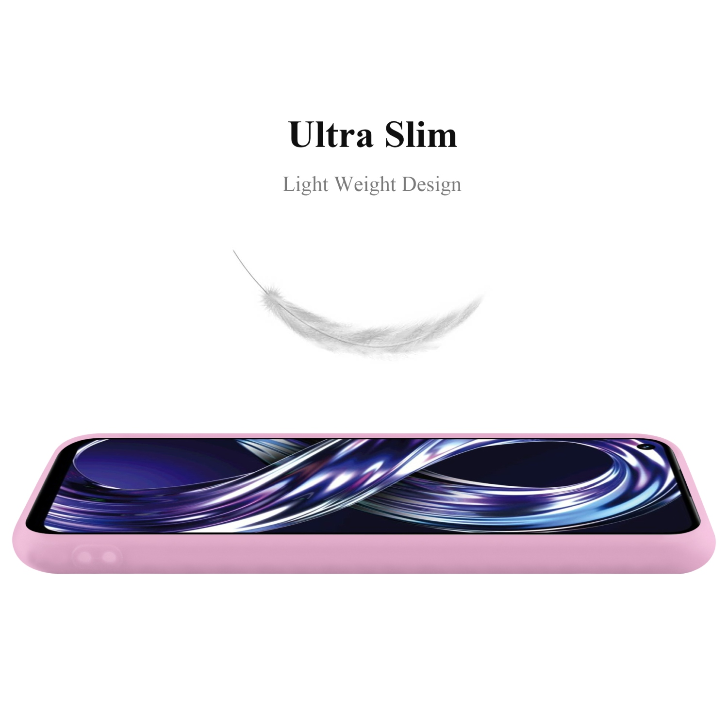 Custodia per telefono rosa. Una piuma fluttua sopra, mostrando un design sottile e leggero.