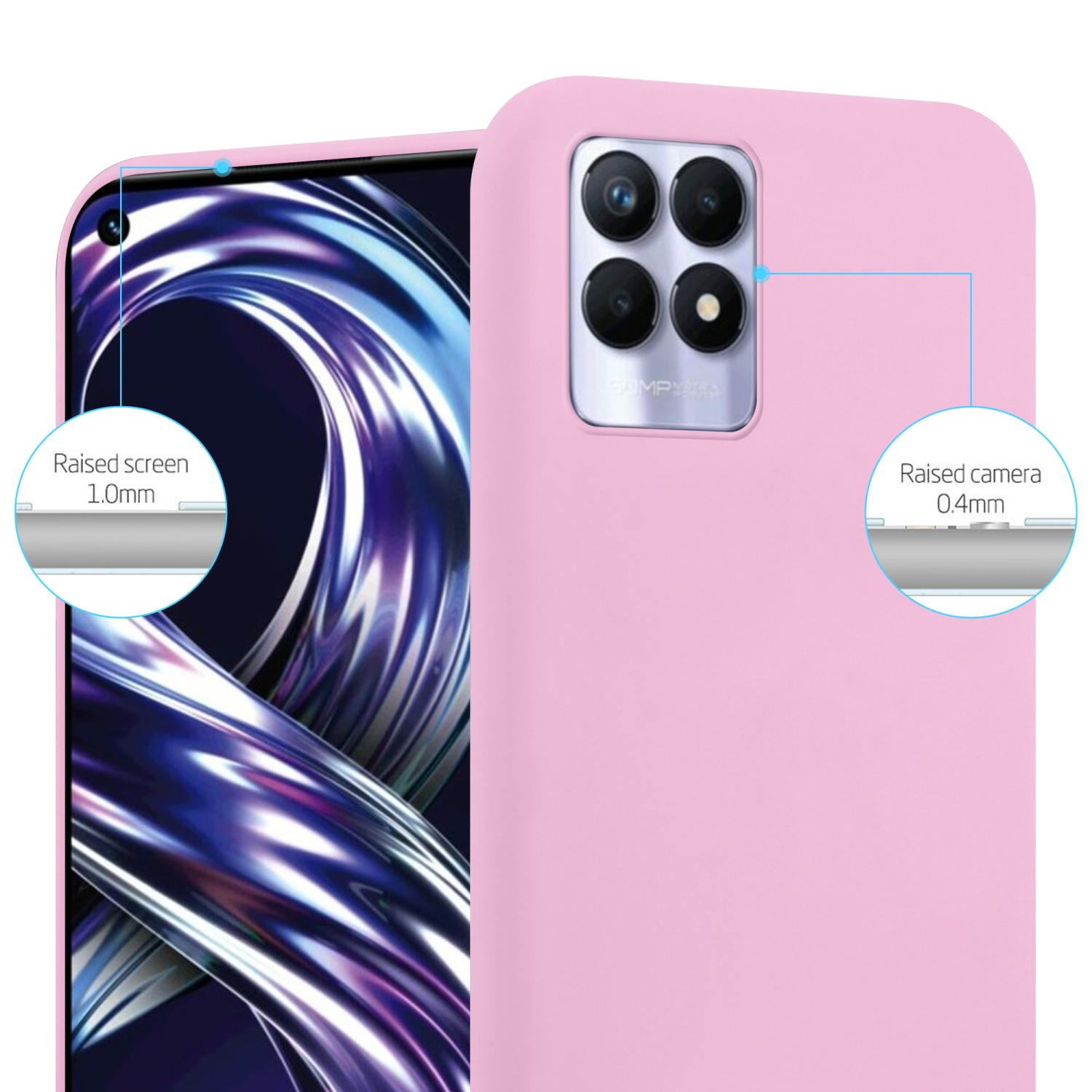 Viene mostrata una custodia rosa per telefono con un ritaglio per la fotocamera. I primi piani evidenziano i bordi rialzati dello schermo.