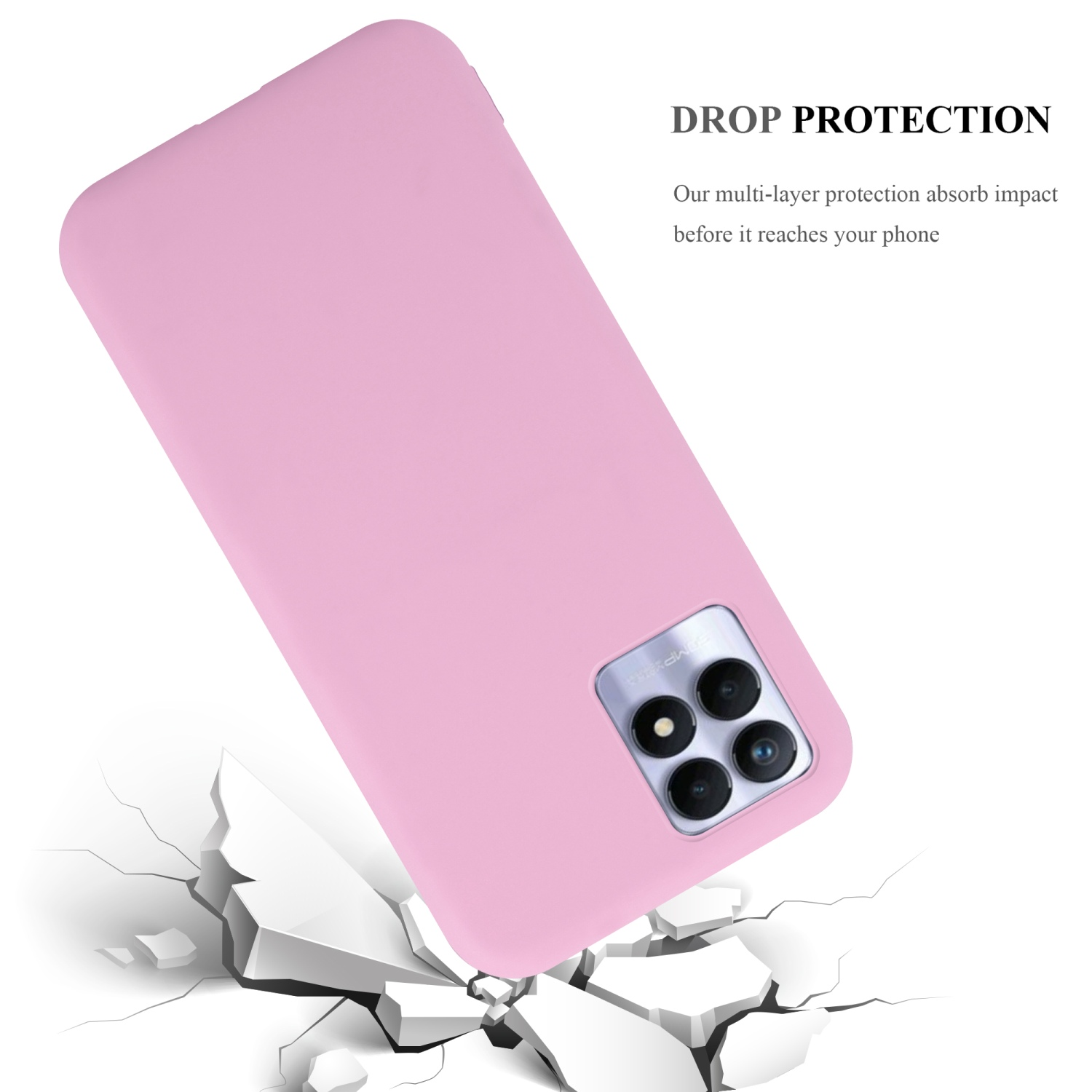 Custodia rosa con telefono che cade. La custodia è su una superficie bianca con crepe.