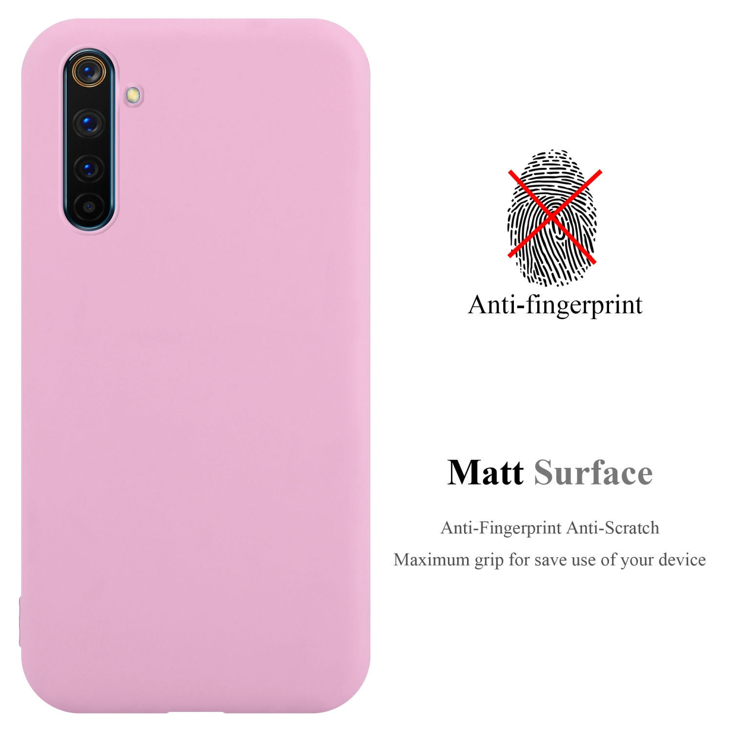 Custodia rosa per telefono con testo anti-impronta. La custodia ha un rigonfiamento della fotocamera. Sfondo bianco.