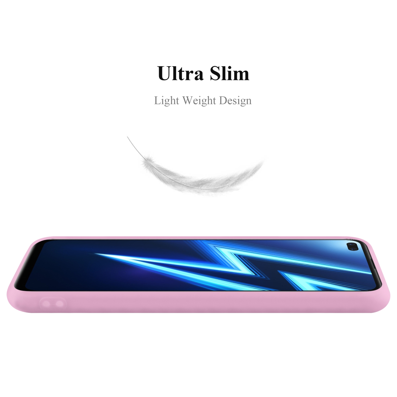 Una custodia per telefono rosa di lato. Un grafico di piuma fluttua sopra la custodia. Lo sfondo è bianco.