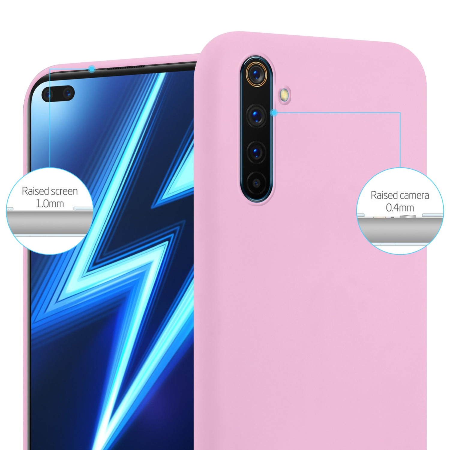 Custodia rosa per telefono con telefono. La custodia ha schermo e fotocamera rialzati.