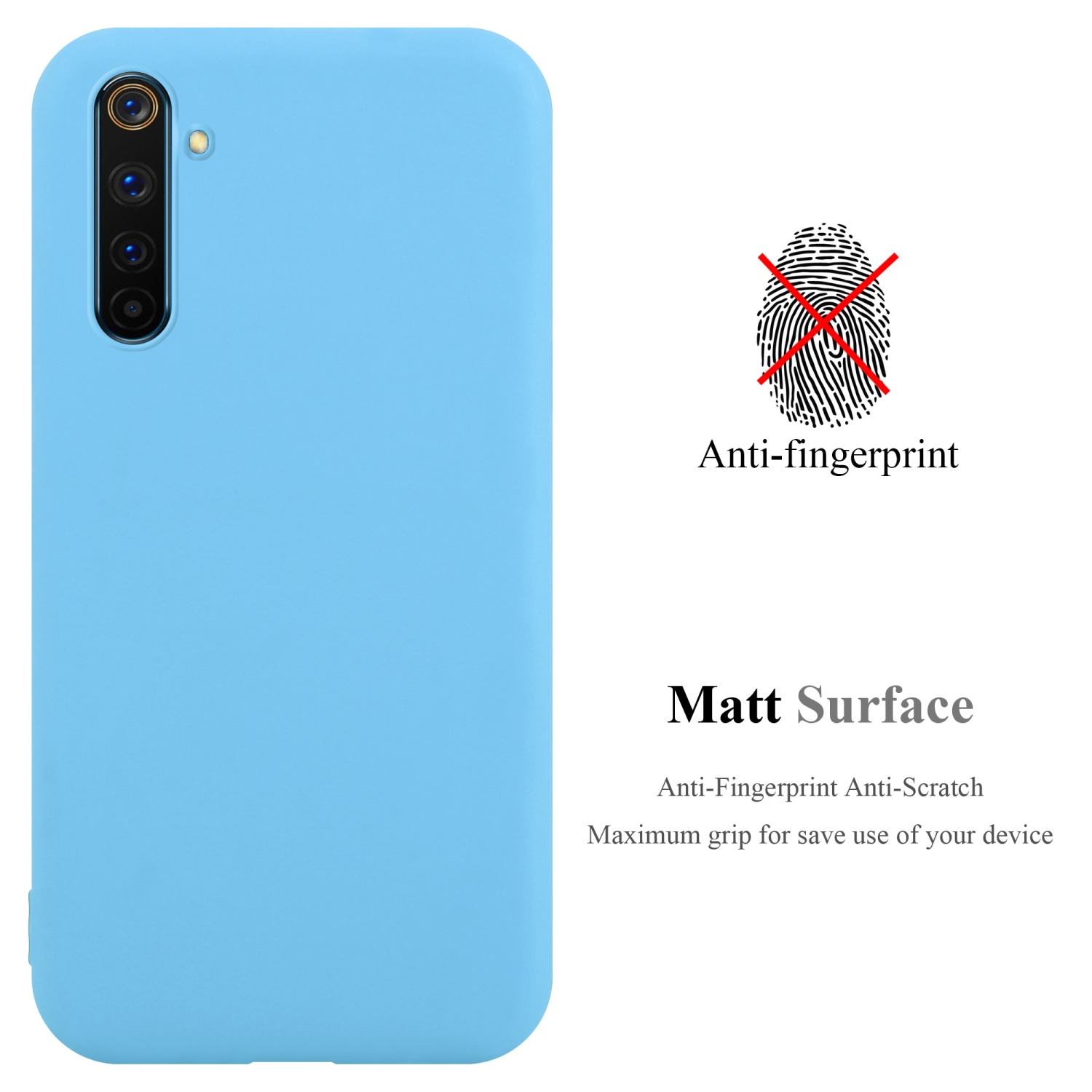 Custodia per telefono azzurra. Testo anti-impronta e superficie opaca. Sfondo bianco.