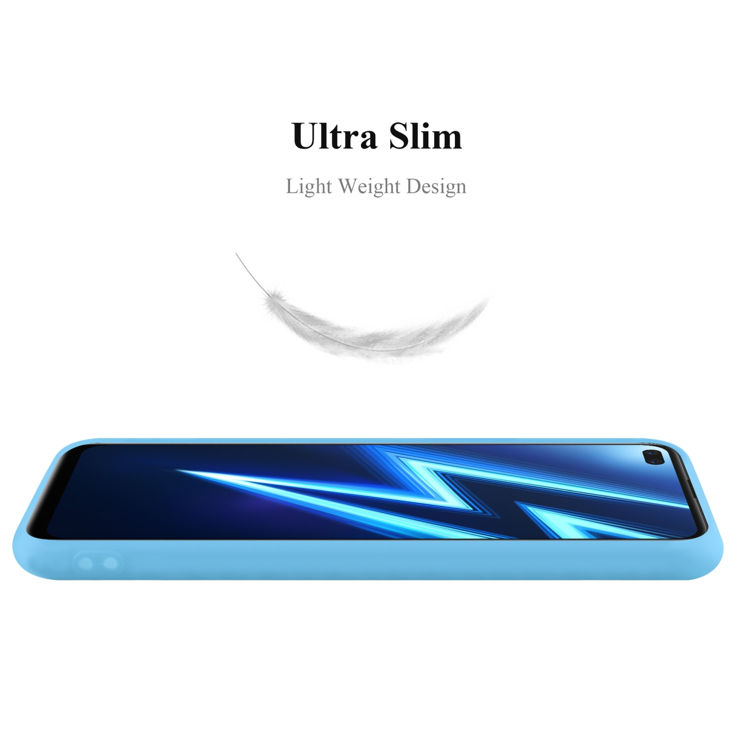 Custodia per telefono blu con telefono all'interno. Piuma che fluttua sopra. Il testo recita: Ultra sottile, design leggero.