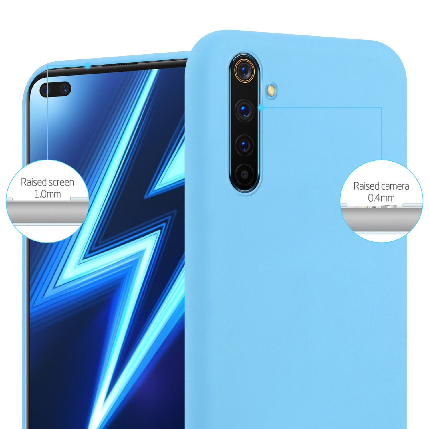 Custodia blu per telefono con telefono. Il testo evidenzia lo schermo/fotocamera rialzato. Primo piano.