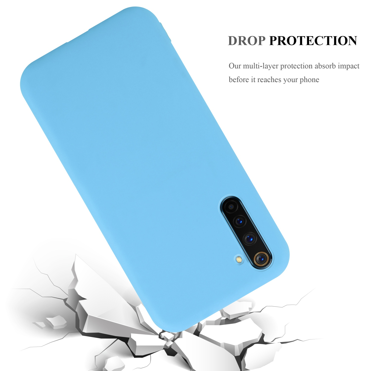 Una custodia per telefono blu, angolata. La custodia è su una superficie con crepe, che suggeriscono un impatto.