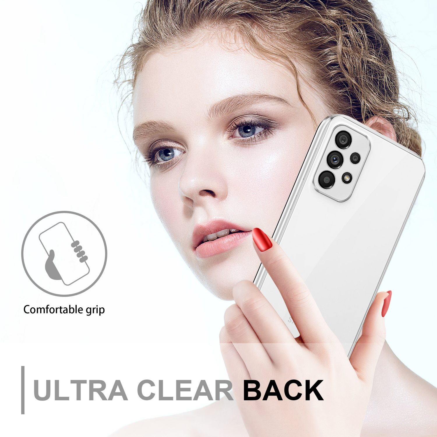 Una donna tiene in mano una custodia trasparente per telefono. La custodia è Ultra Clear Back e offre una presa comoda.
