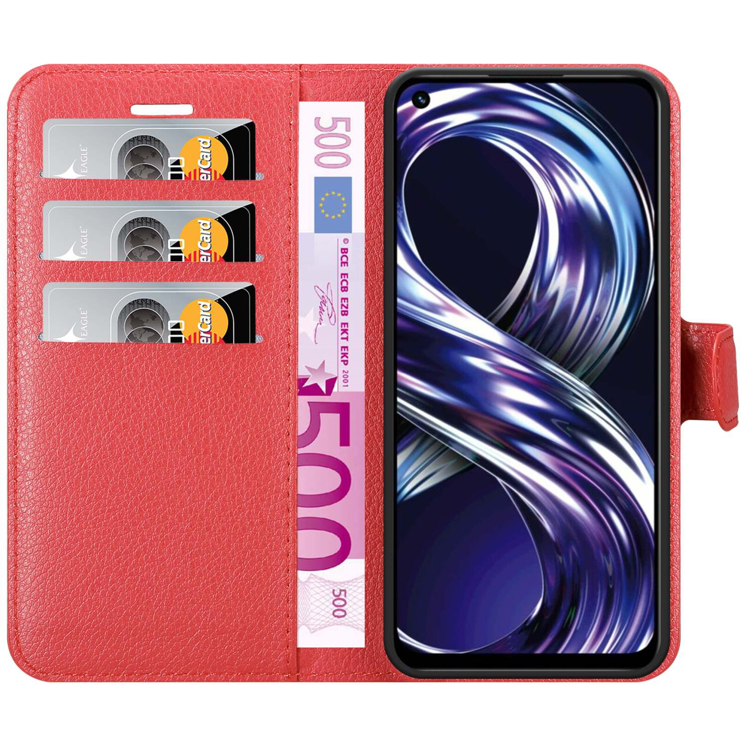 Custodia rossa con telefono, carte e banconote in euro. Il telefono mostra un design.
