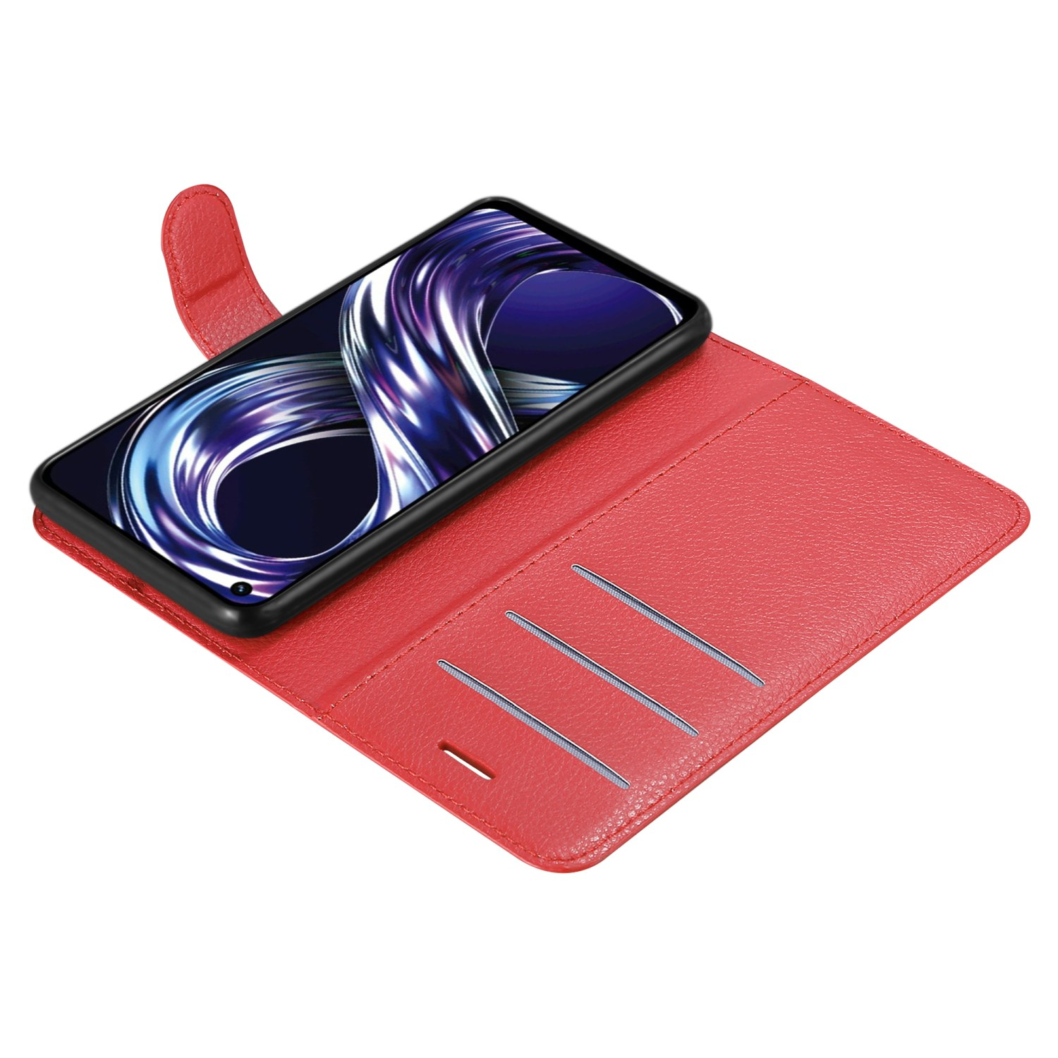 Custodia rossa, con telefono all'interno e fessure per carte. Testo: Design intuitivo.