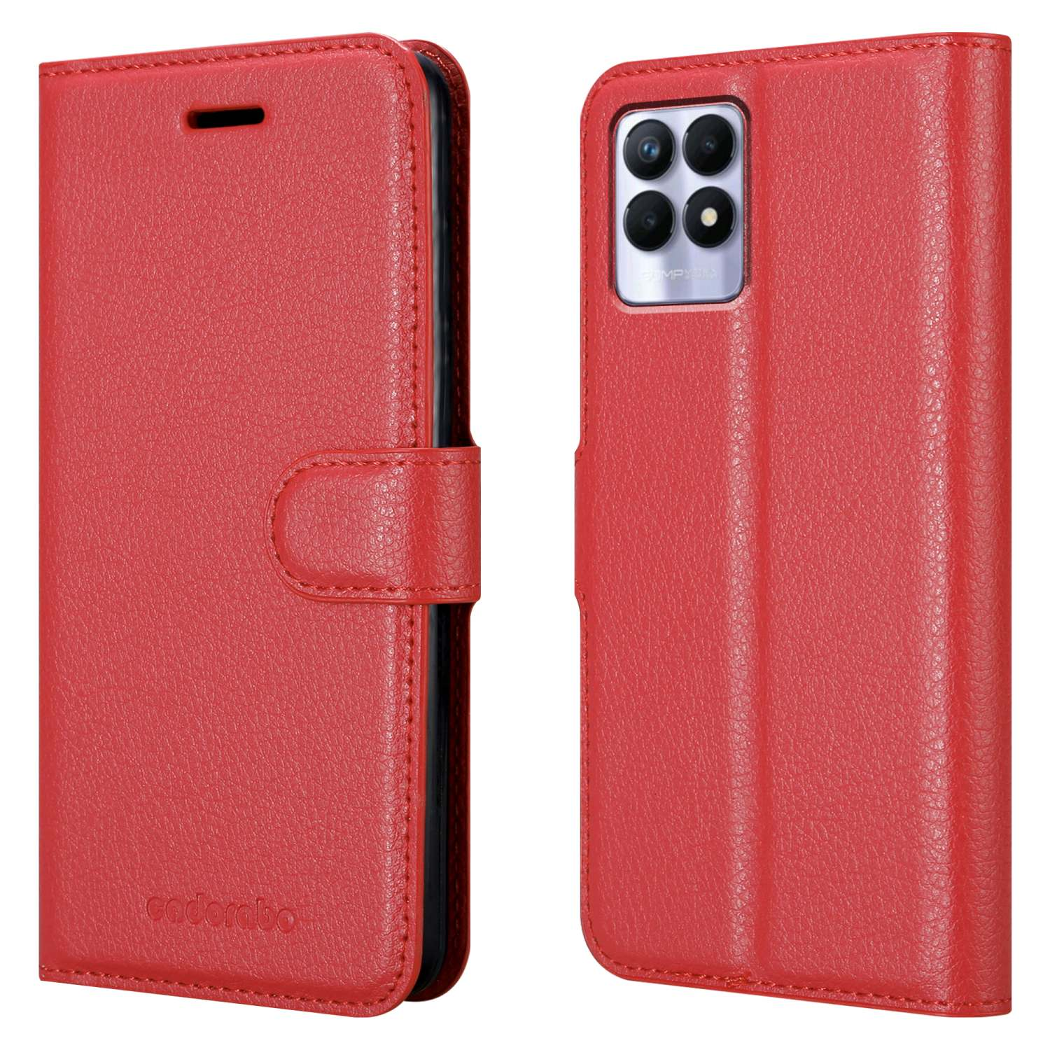 Custodia per telefono rossa con design a portafoglio. La custodia si può aprire per rivelare il telefono all'interno.