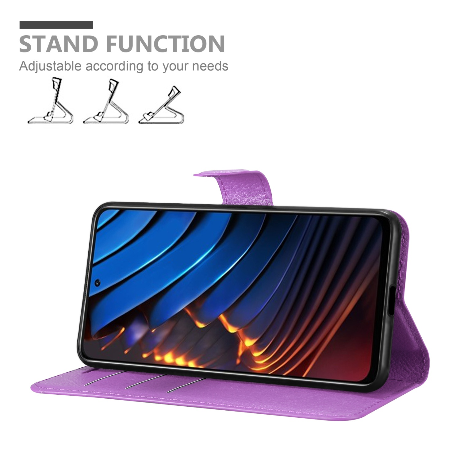 Custodia per telefono viola con telefono. Testo: Funzione stand, regolabile. Sfondo bianco. Tre icone stand.