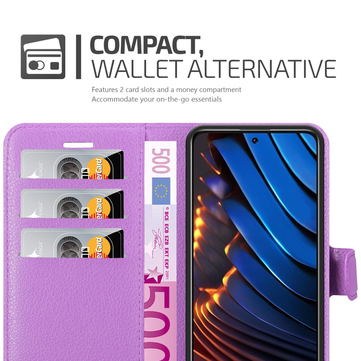 Custodia a portafoglio viola aperta con telefono, carte e denaro. I dettagli includono slot per carte e una banconota da 500 euro.