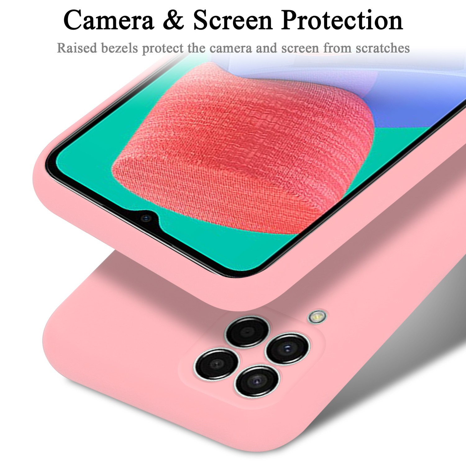 Rosa Handyhülle mit Telefon. Nahaufnahme von Telefon und Kamera. Kamera hinten sichtbar.