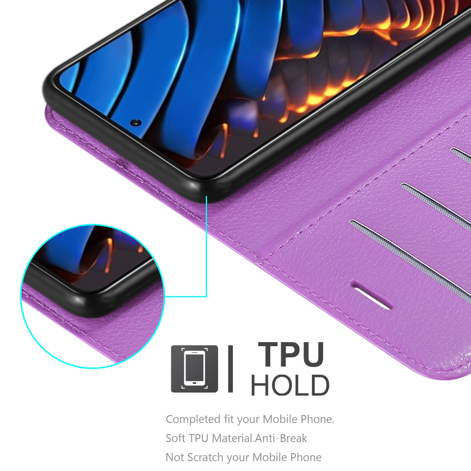 Custodia viola con telefono all'interno, con schermo. Dettaglio TPU. La custodia è aperta.