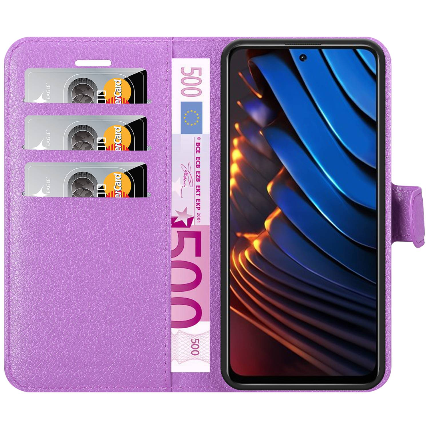 Una custodia a portafoglio viola per telefono con carte e denaro all'interno. Lo schermo mostra un motivo blu.