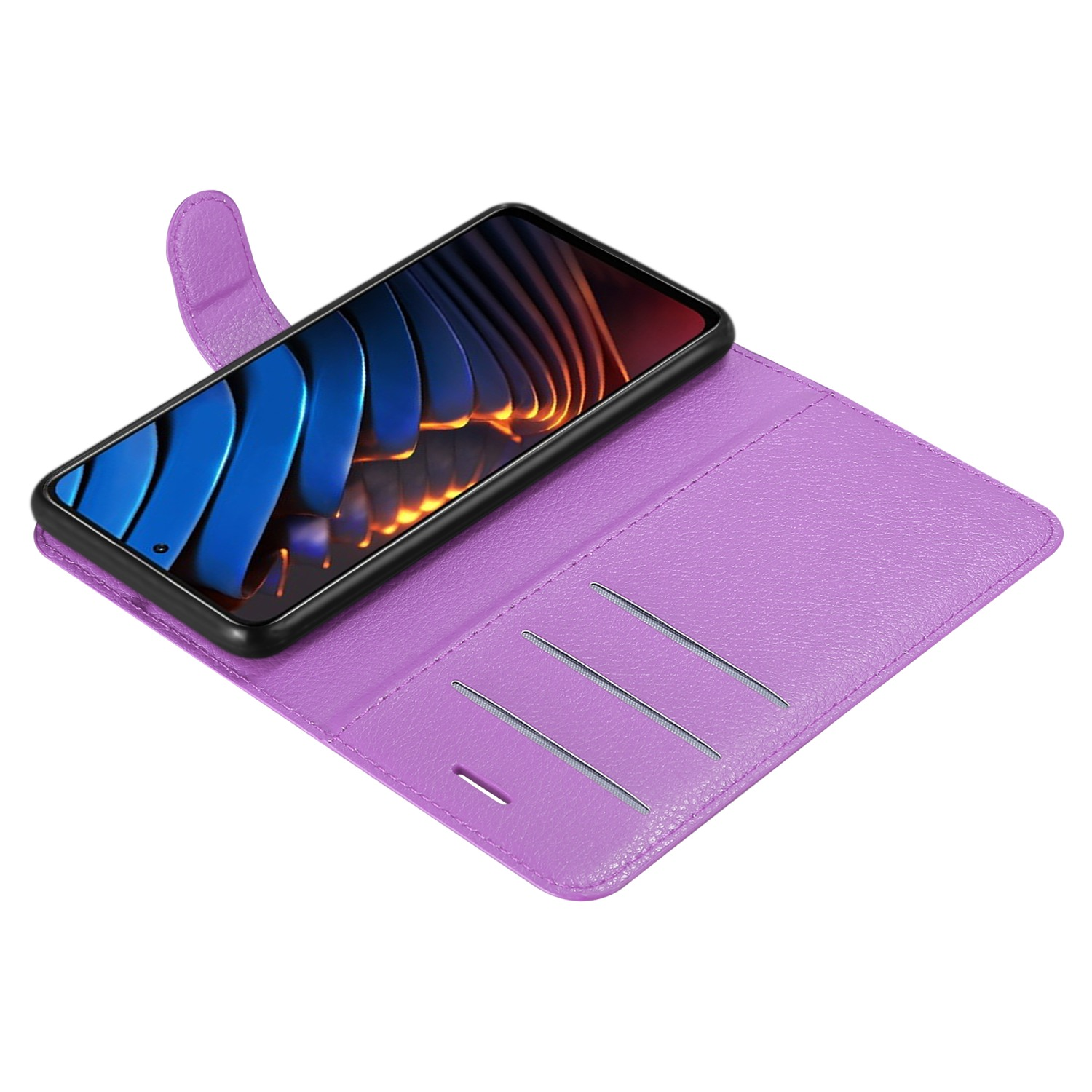 Custodia per telefono viola aperta, con telefono. Il telefono mostra un design astratto blu e arancione.