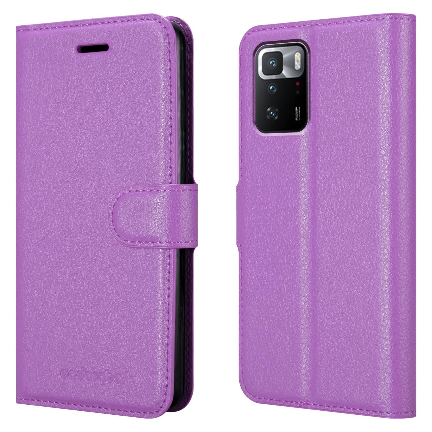 Custodia per telefono viola, chiusa e aperta, con un telefono all'interno e una chiusura magnetica.