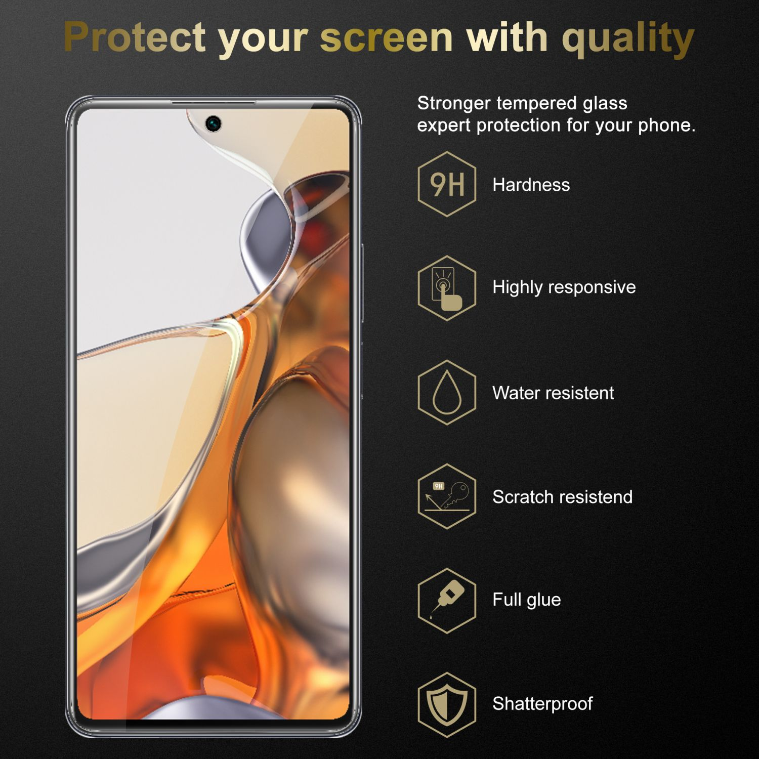 Telefono con protezione schermo. Testo: Proteggi il tuo schermo con qualità.