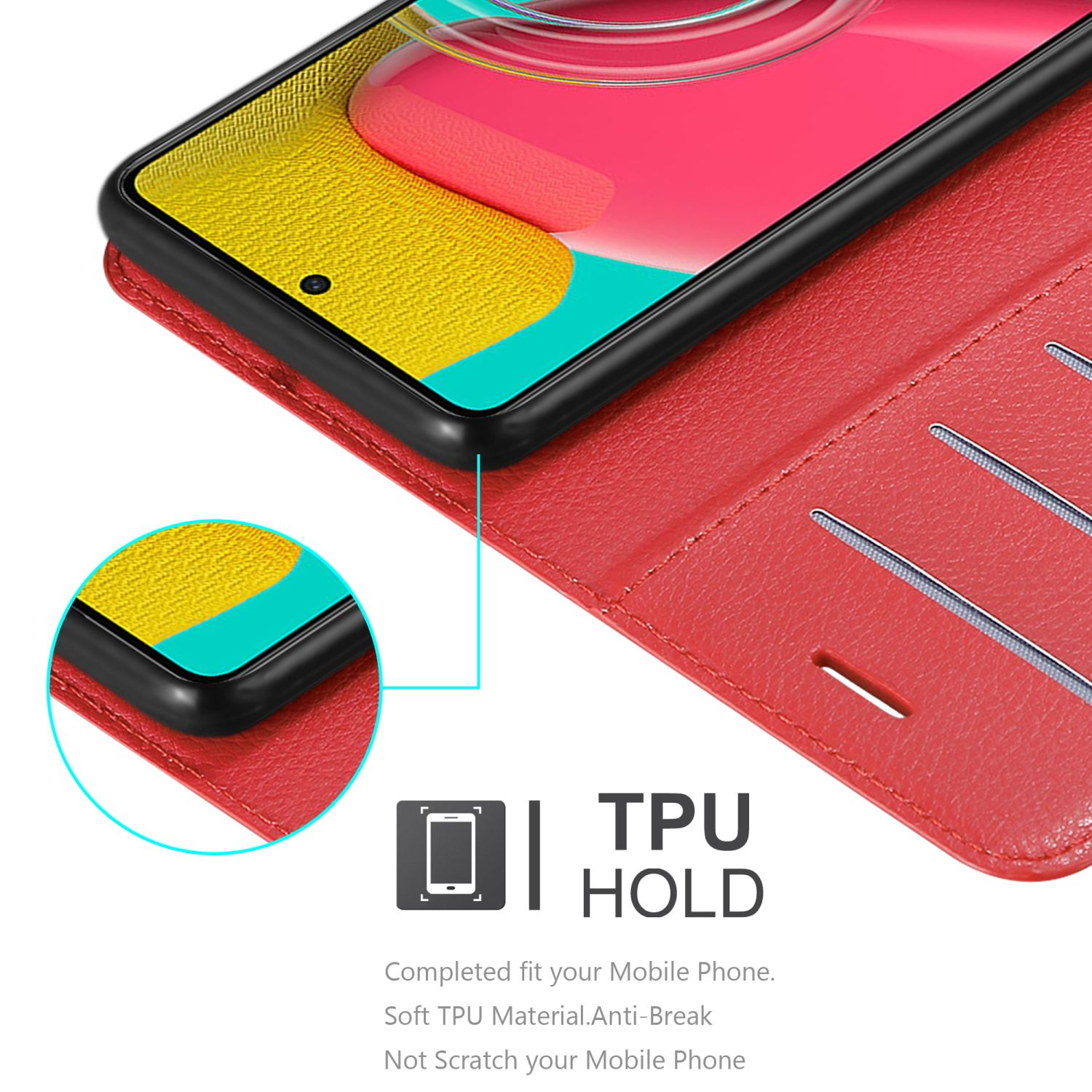 Custodia rossa con telefono. Primo piano dell'angolo. Supporto TPU.