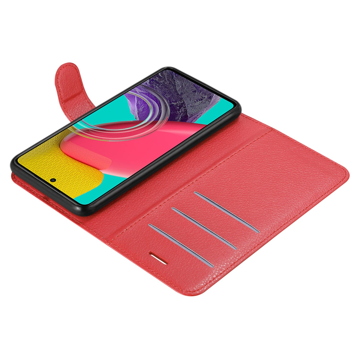 Custodia per telefono rossa aperta, con telefono all'interno, su sfondo bianco. Ha scomparti per carte.