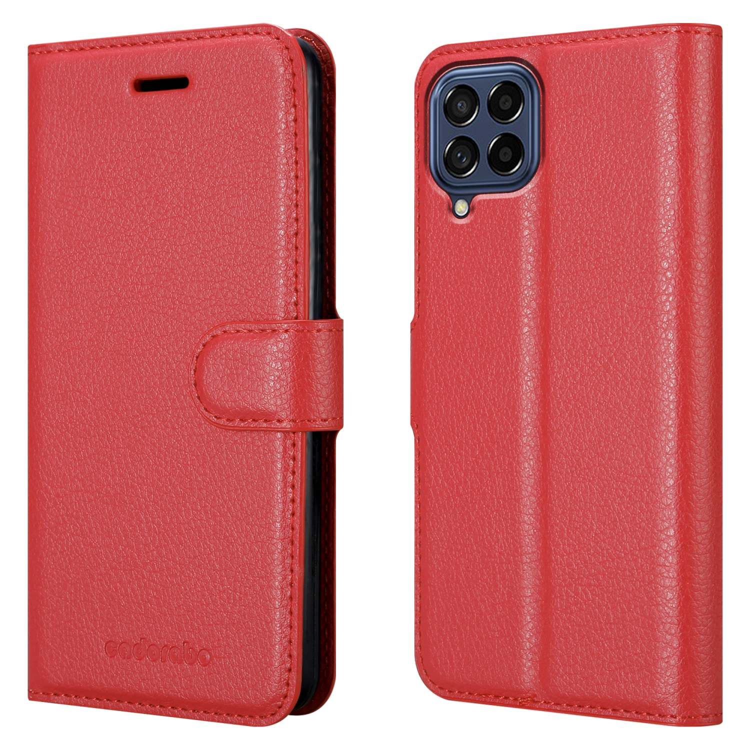 Custodia rossa per telefono, mostrata aperta e chiusa. La custodia chiusa ha una chiusura magnetica.