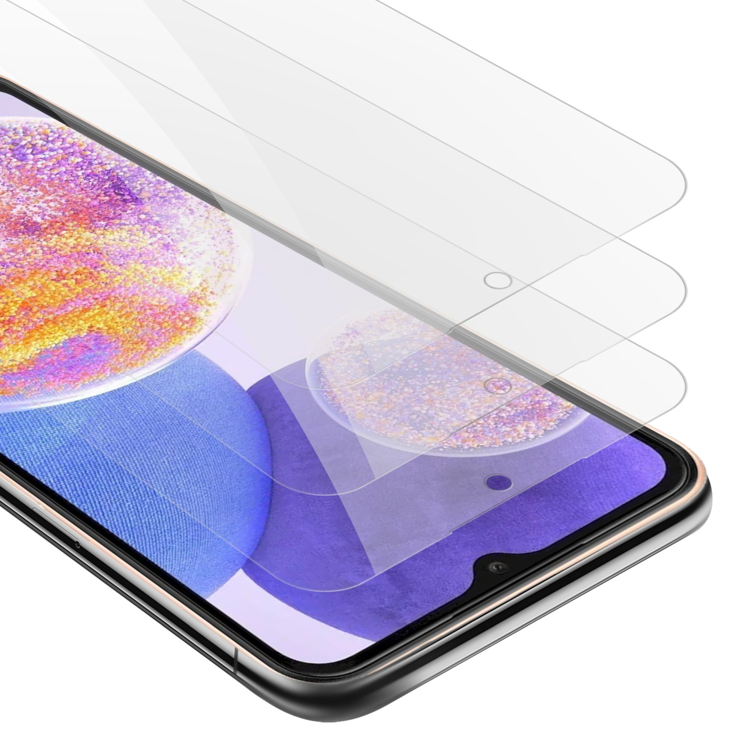 Primo piano di uno schermo del telefono con due protezioni per lo schermo. Le protezioni sono trasparenti.