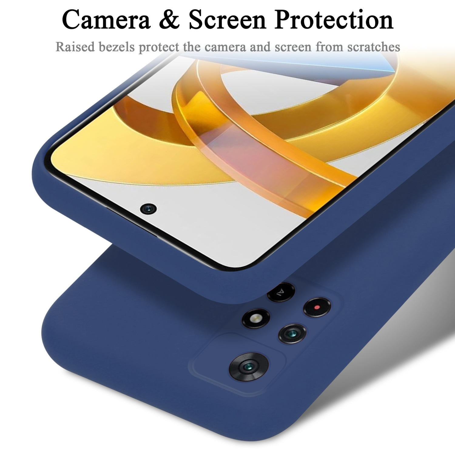 Primo piano di una custodia blu. Testo: Protezione fotocamera e schermo. Le cornici rialzate proteggono la fotocamera.