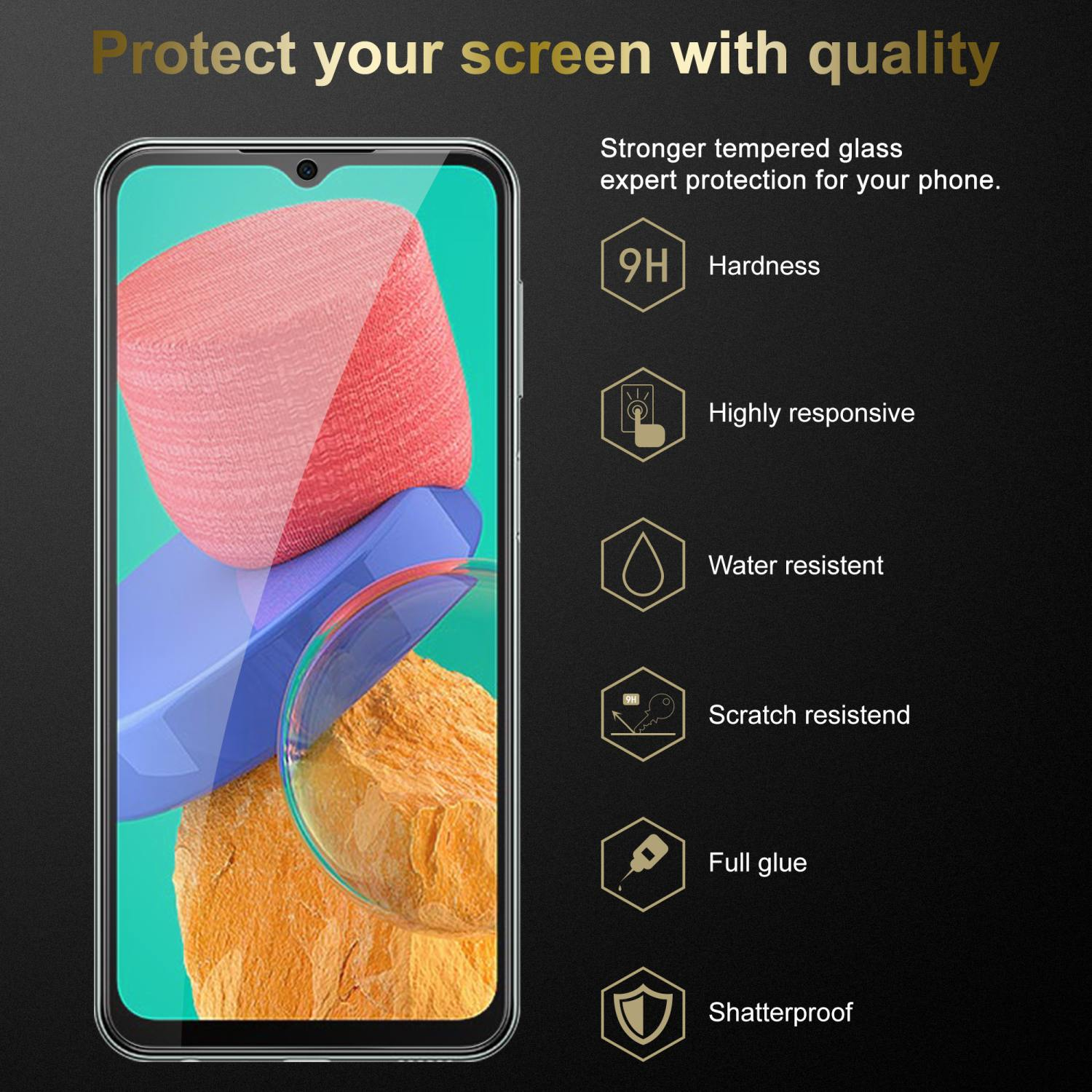 Un telefono con protezione schermo, con caratteristiche: durezza, reattività, resistente all'acqua, ai graffi, colla completa.
