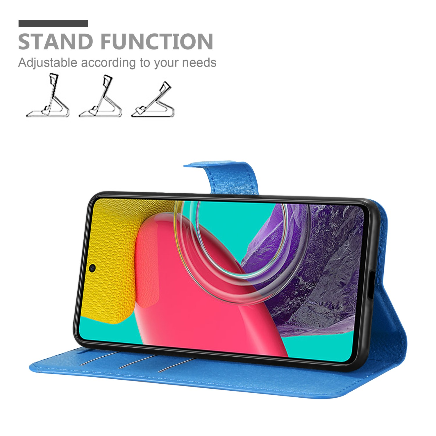 Blaue Handyhülle mit einem Telefon darin. Das Telefon ist offen und steht.