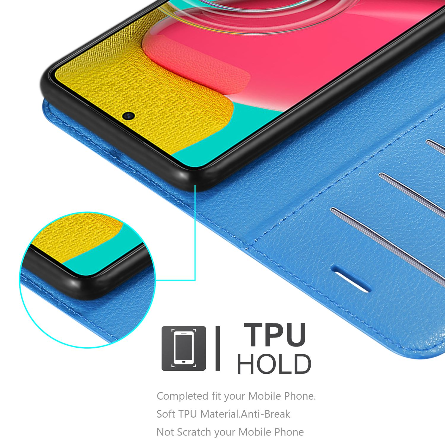 Blaues Telefonetui offen mit Telefon. Text: TPU HOLD. TPU-Material.