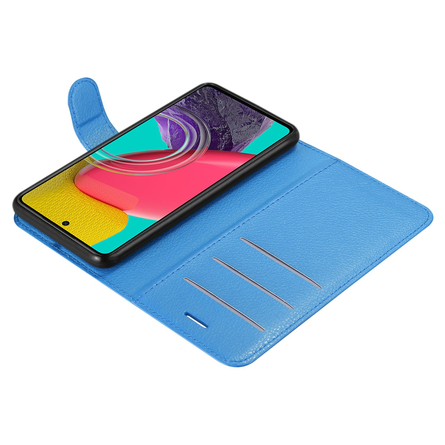 Blaue Handyhülle geöffnet mit einem Telefon darin. Der Bildschirm zeigt ein farbenfrohes Bild.